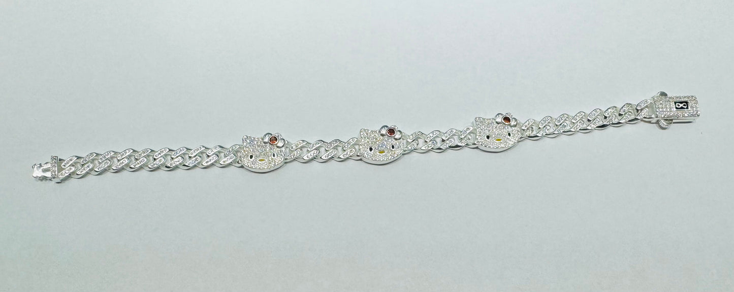 SILVER CUSTOM MADE, HELLO KITTY CUBAN BRACELET WITH CZ STONES, 9” INCH, WEIGHT: 25.6gm
