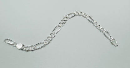 SILVER ITALIAN FIGARO LINK BRACELET 9”, WEIGHT: 12.2gm, WIDTH: 7mm
