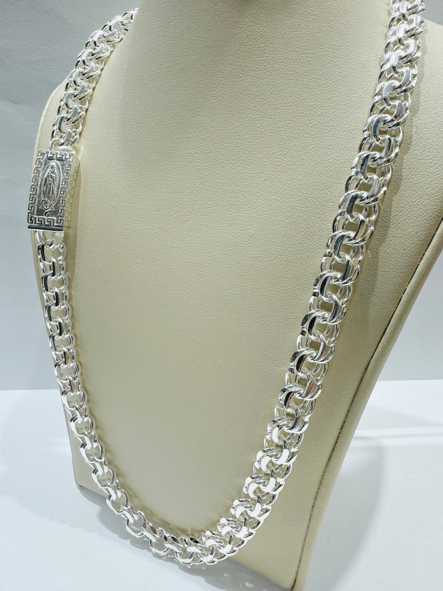 SILVER ITALIAN CHINO LINK NECKLACE WITH VIRGIN MARY LOCK 22”, WEIGHT: 65.3gm, WIDTH: 8.87mm
