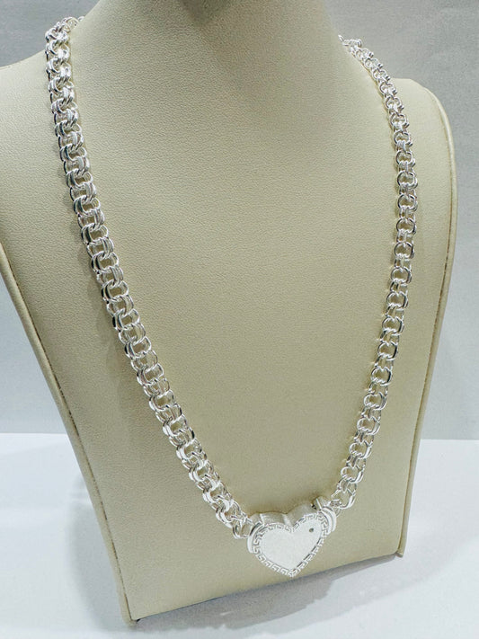 SILVER ITALIAN CHINO LINK NECKLACE WITH HEART 24”, WEIGHT: 40gm, WIDTH: 6.29mm