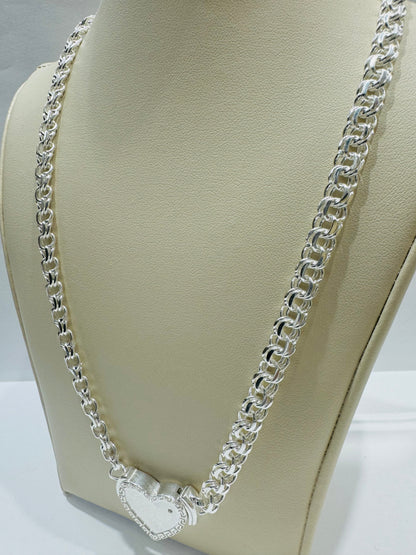 SILVER ITALIAN CHINO LINK NECKLACE WITH HEART 24”, WEIGHT: 40gm, WIDTH: 6.29mm