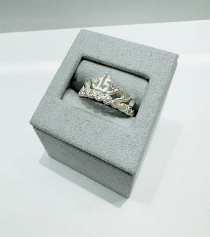 SILVER QUINCEANERA CROWN 15 RING, SIZE: 8, WEIGHT: 3.3gm