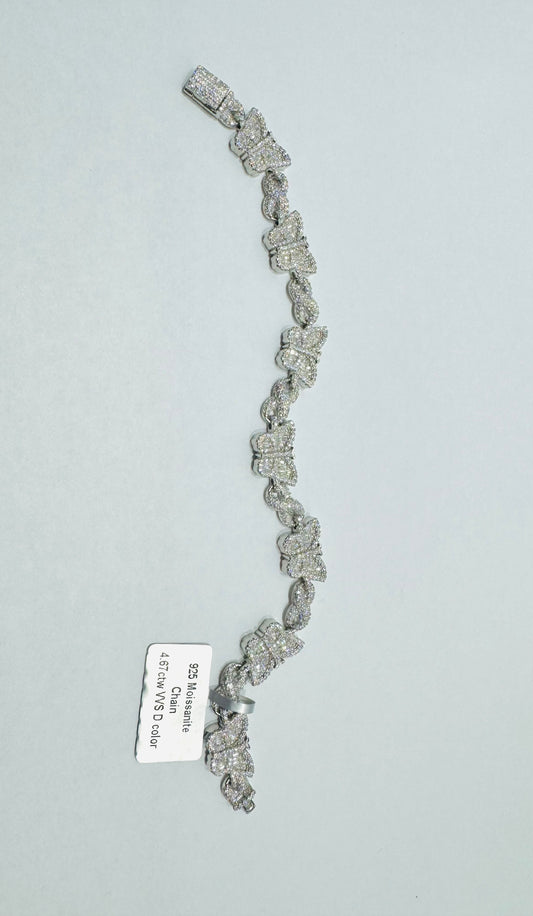 SILVER MOISSANITE BUTTERFLY BRACELET 7.6”, VVS 4.67CTW, WIDTH: 10mm