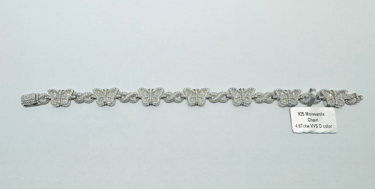 SILVER MOISSANITE BUTTERFLY BRACELET 7.6”, VVS 4.67CTW, WIDTH: 10mm