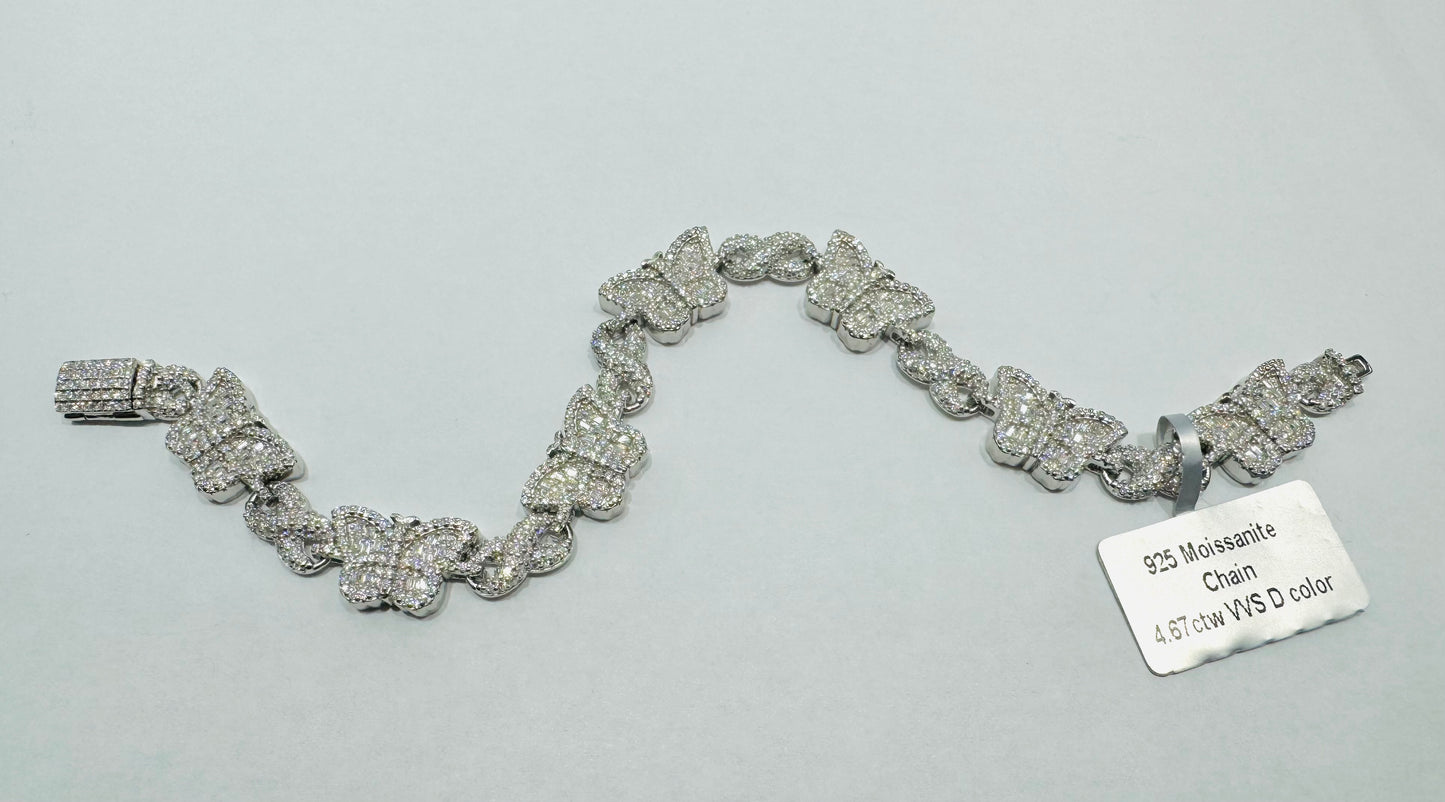 SILVER MOISSANITE BUTTERFLY BRACELET 7.6”, VVS 4.67CTW, WIDTH: 10mm
