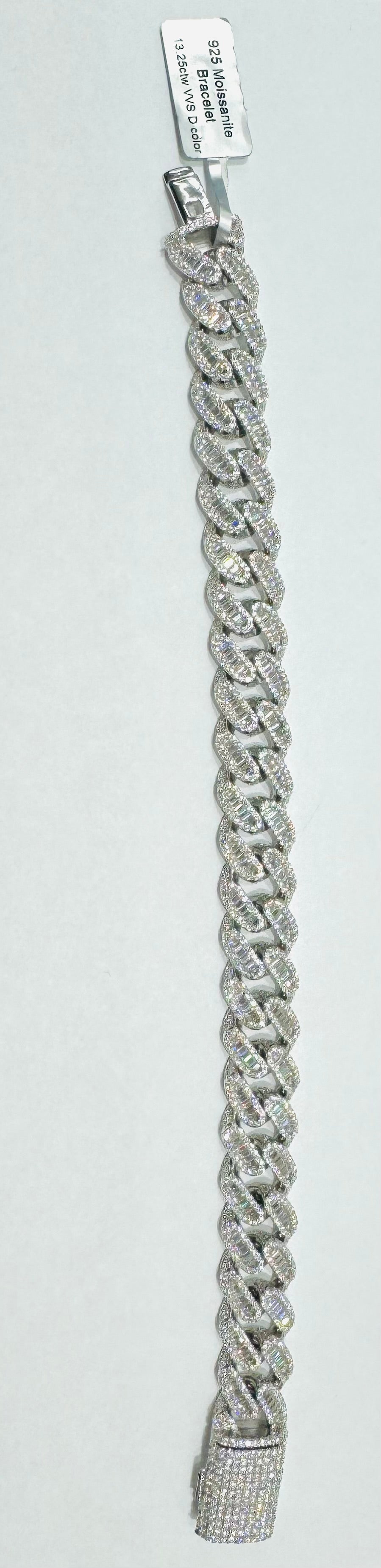 SILVER MOISSANITE CUBAN LINK BRACELET 8.5”, VVS- 13.25 CTW, WIDTH: 13.5mm
