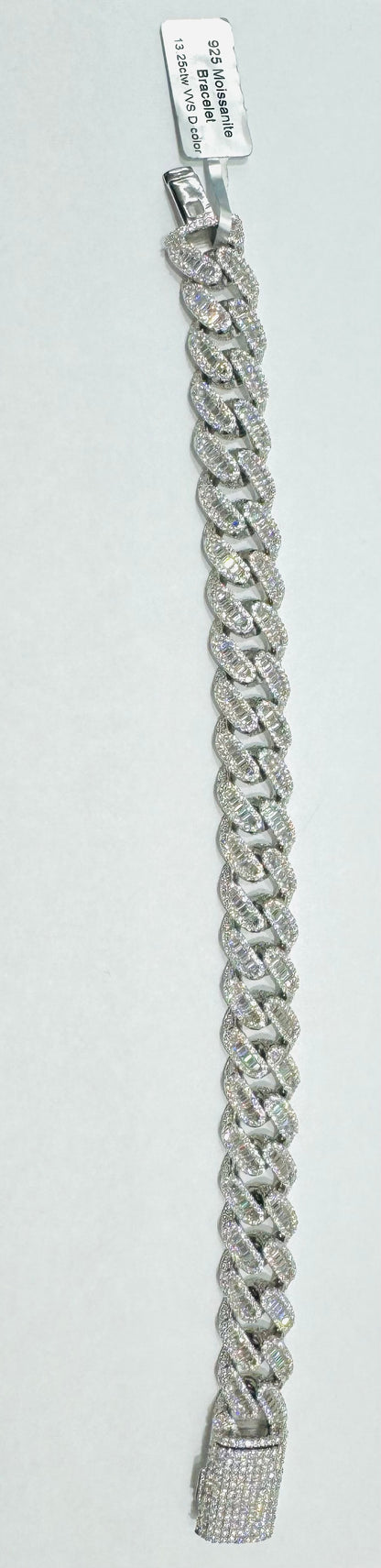 SILVER MOISSANITE CUBAN LINK BRACELET 8.5”, VVS- 13.25 CTW, WIDTH: 13.5mm