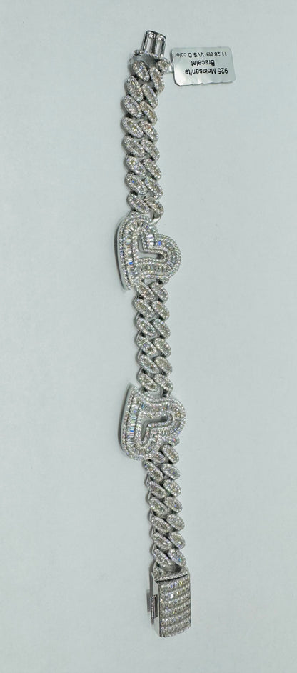 SILVER MOISSANITE CUBAN HEART BRACELET 7.5”, VVS- 11.28CTW