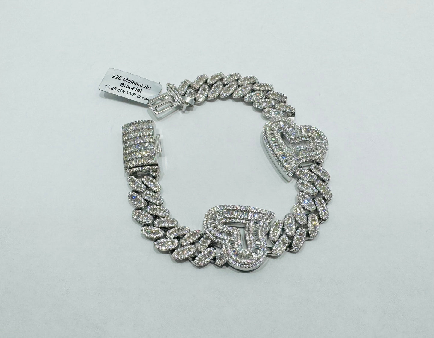 SILVER MOISSANITE CUBAN HEART BRACELET 7.5”, VVS- 11.28CTW
