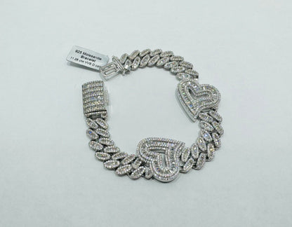 SILVER MOISSANITE CUBAN HEART BRACELET 7.5”, VVS- 11.28CTW