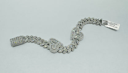 SILVER MOISSANITE CUBAN HEART BRACELET 7.5”, VVS- 11.28CTW
