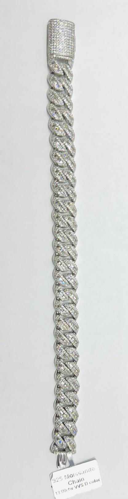 SILVER MOISSANITE MIAMI CUBAN LINK BRACELET 8.25”, VVS- 13.00 CTW, WIDTH: 12mm