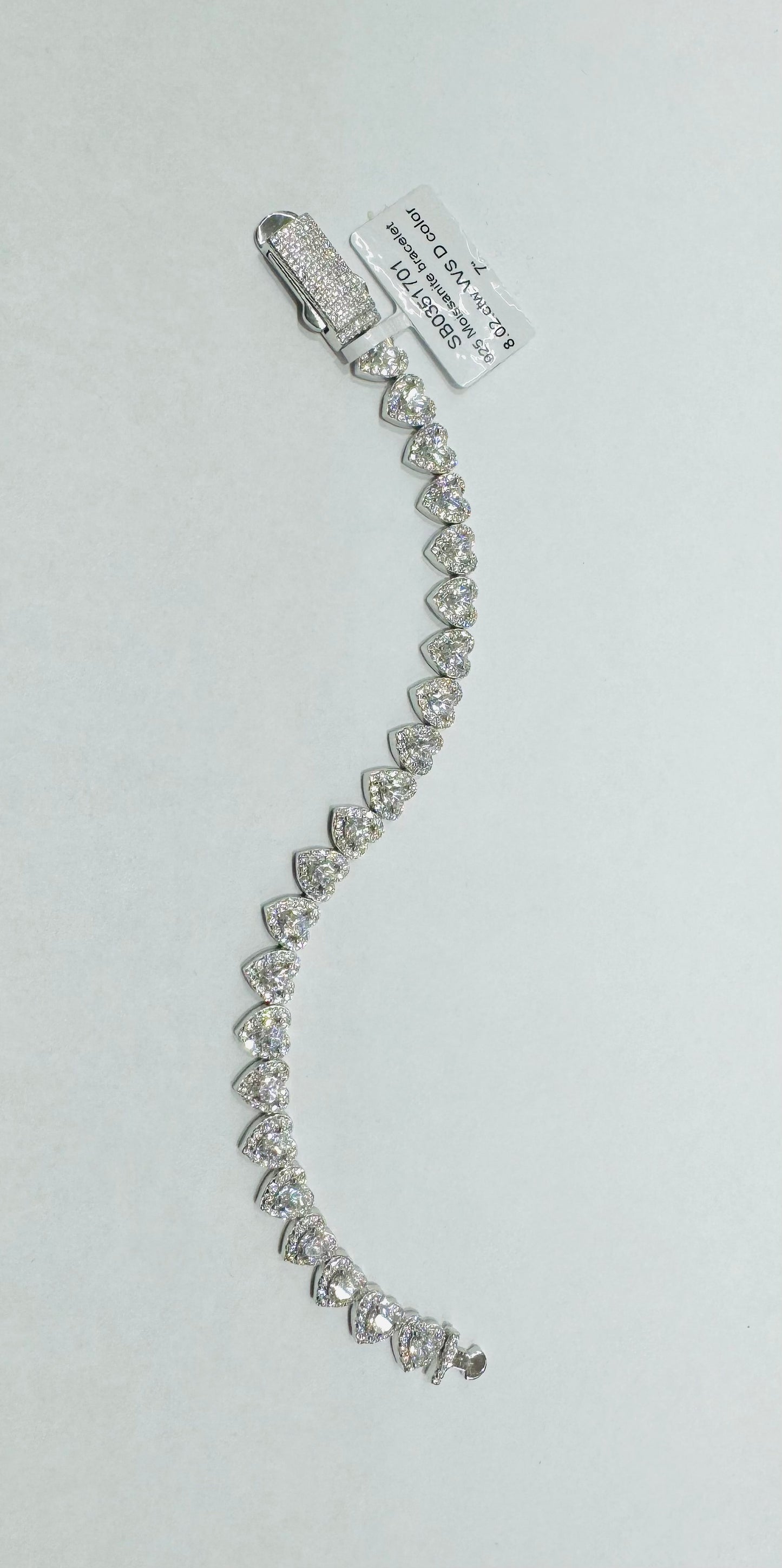 SILVER MOISSANITE HEART BRACELET 7”, VVS 8.02CTW