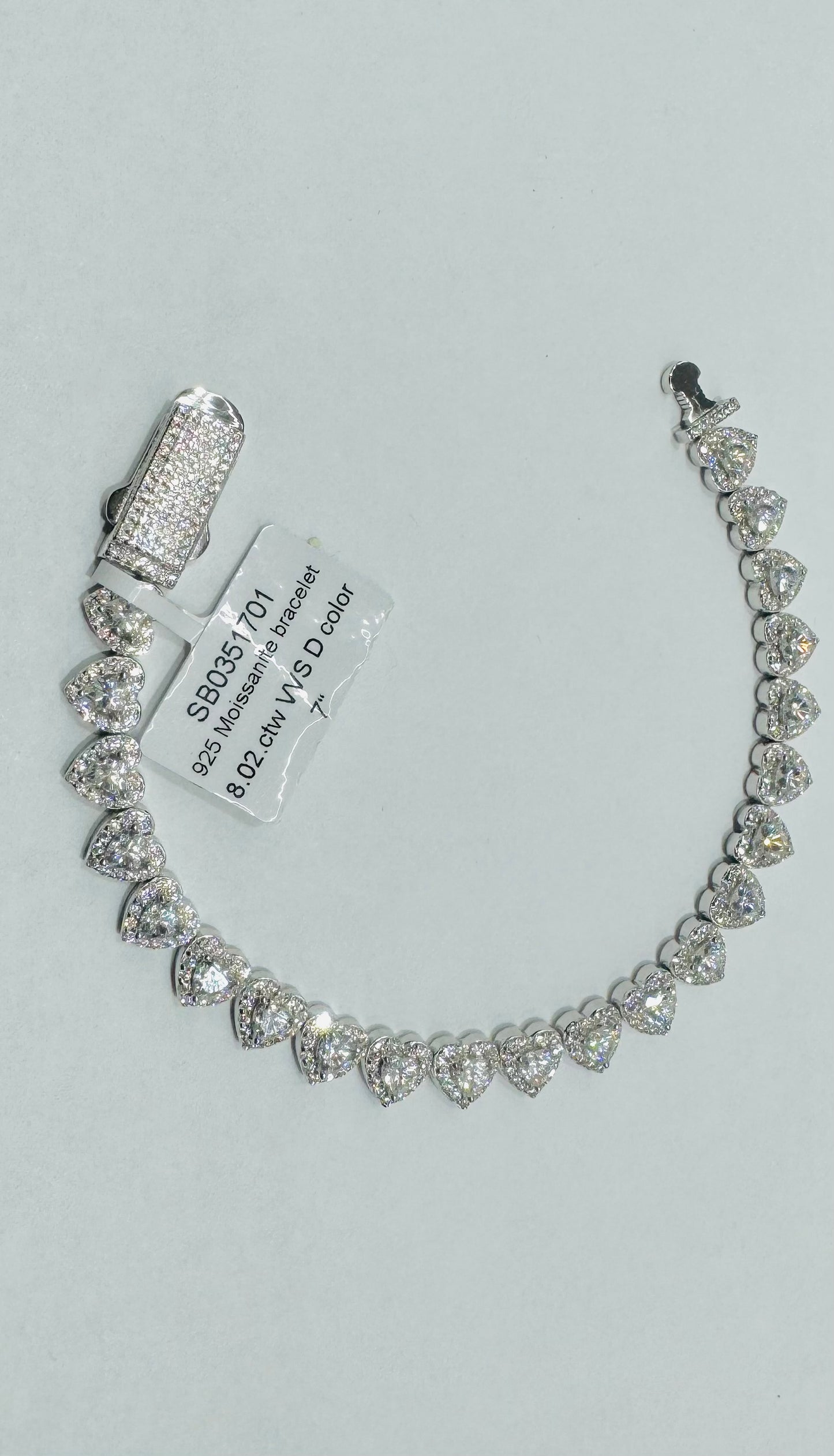 SILVER MOISSANITE HEART BRACELET 7”, VVS 8.02CTW