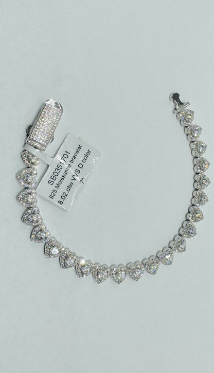 SILVER MOISSANITE HEART BRACELET 7”, VVS 8.02CTW