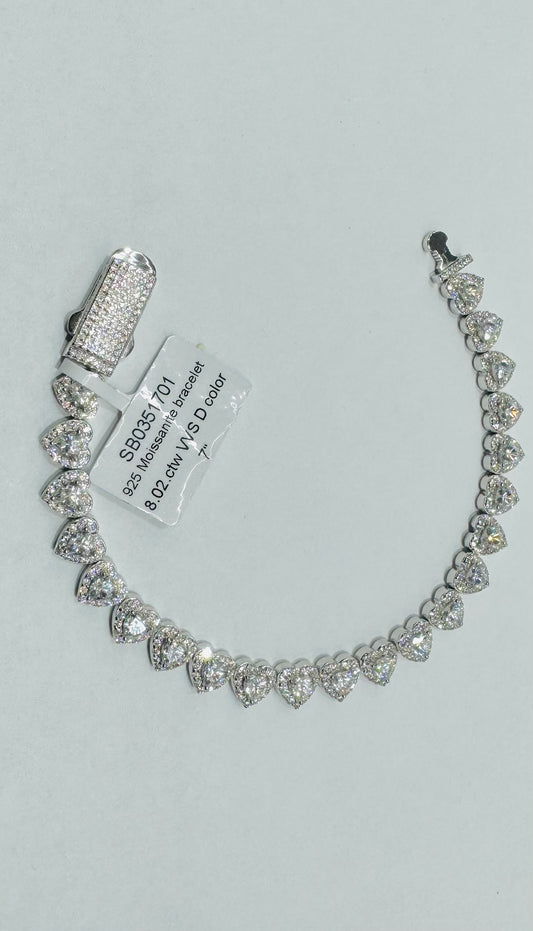 SILVER MOISSANITE HEART BRACELET 7”, VVS 8.02CTW
