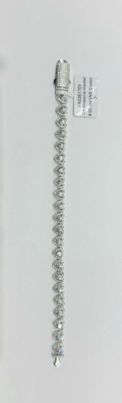 SILVER MOISSANITE HEART BRACELET 7”, VVS 8.02CTW