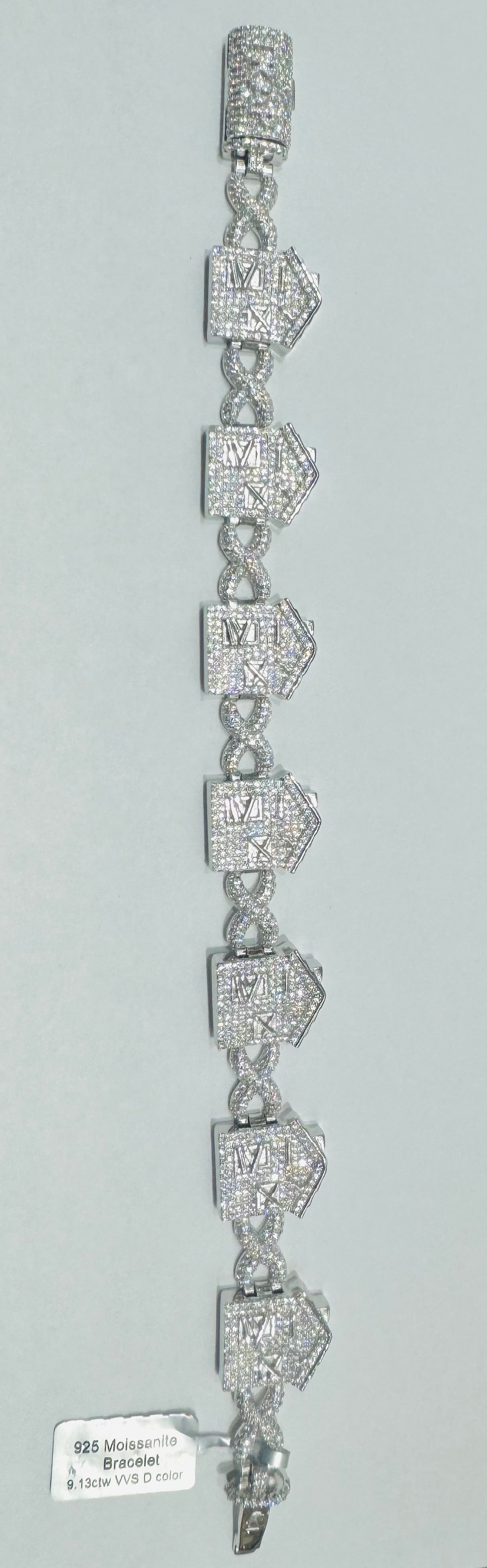 SILVER MOISSANITE TRAP HOUSE BRACELET 9”, VVS 9.13CTW, WIDTH: 18mm