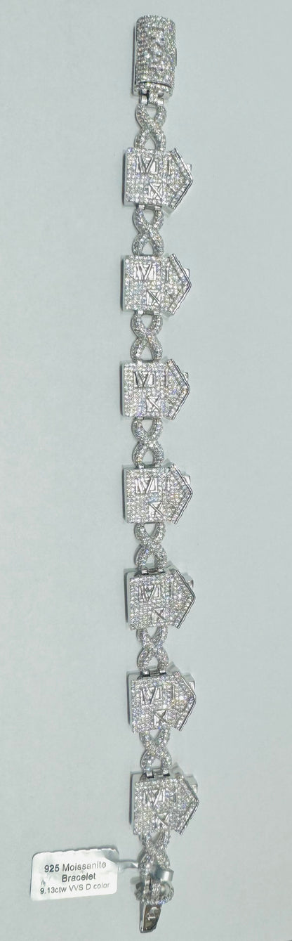 SILVER MOISSANITE TRAP HOUSE BRACELET 9”, VVS 9.13CTW, WIDTH: 18mm
