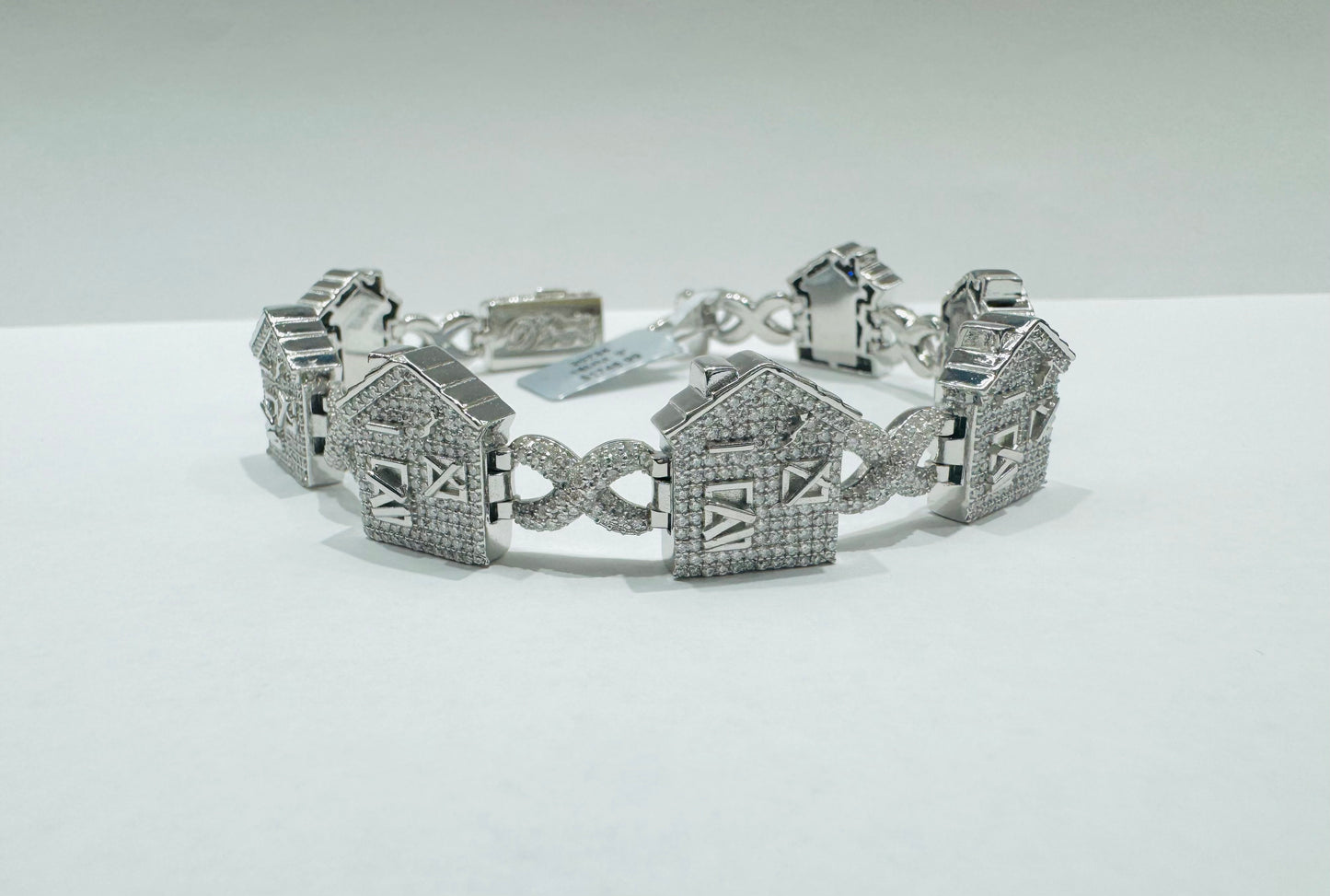 SILVER MOISSANITE TRAP HOUSE BRACELET 9”, VVS 9.13CTW, WIDTH: 18mm