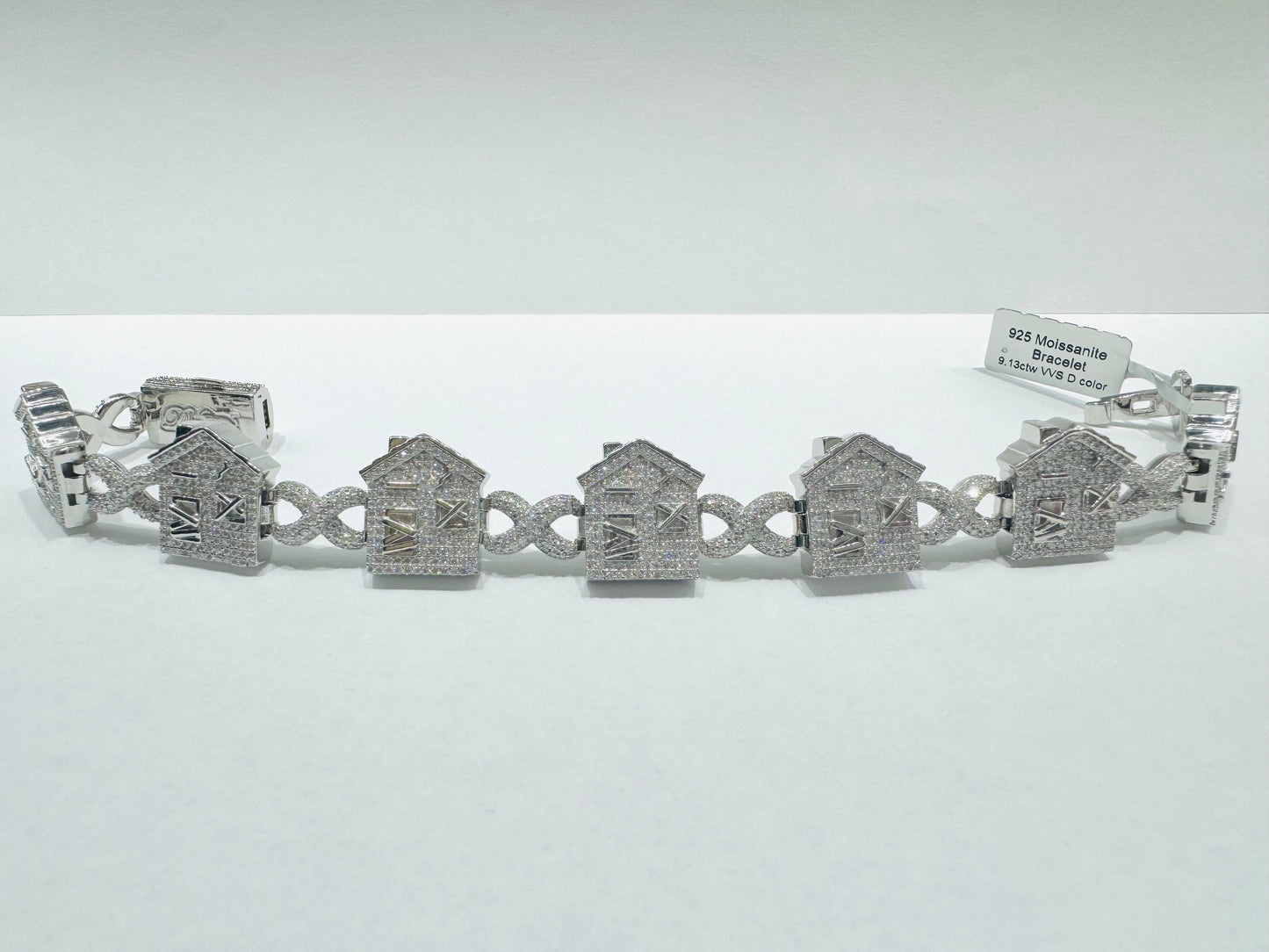 SILVER MOISSANITE TRAP HOUSE BRACELET 9”, VVS 9.13CTW, WIDTH: 18mm