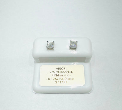 SILVER MOISSANITE EARRINGS, VVS 0.8CTW, WIDTH: 4mm