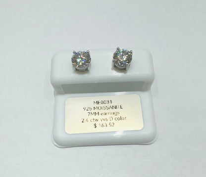 SILVER MOISSANITE EARRINGS, VVS 2.4CTW, WIDTH: 7mm
