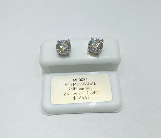 SILVER MOISSANITE EARRINGS, VVS 2.4CTW, WIDTH: 7mm