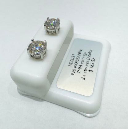 SILVER MOISSANITE EARRINGS, VVS 2.4CTW, WIDTH: 7mm