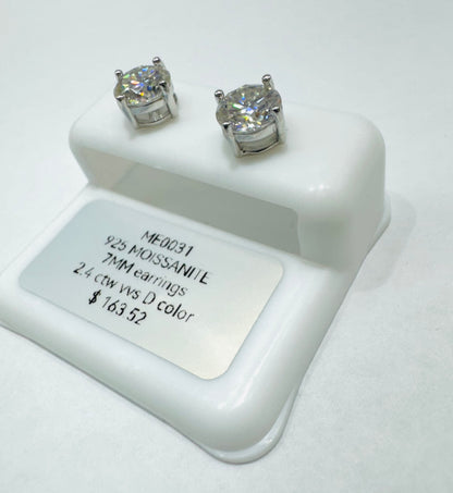 SILVER MOISSANITE EARRINGS, VVS 2.4CTW, WIDTH: 7mm