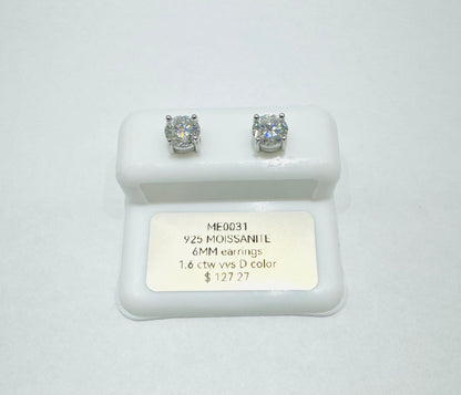 SILVER MOISSANITE EARRINGS, VVS 1.6CTW, WIDTH: 6mm