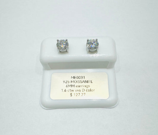 SILVER MOISSANITE EARRINGS, VVS 1.6CTW, WIDTH: 6mm