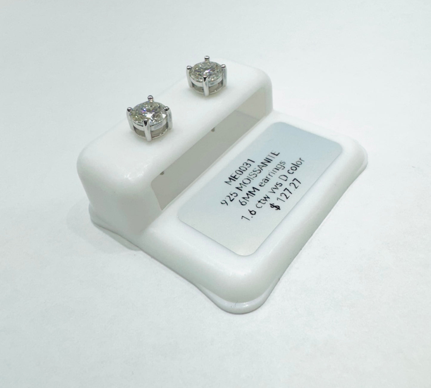 SILVER MOISSANITE EARRINGS, VVS 1.6CTW, WIDTH: 6mm