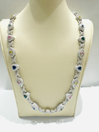 SILVER MOISSANITE HEART AND EVIL EYE NECKLACE 20”, VVS 15.34CTW