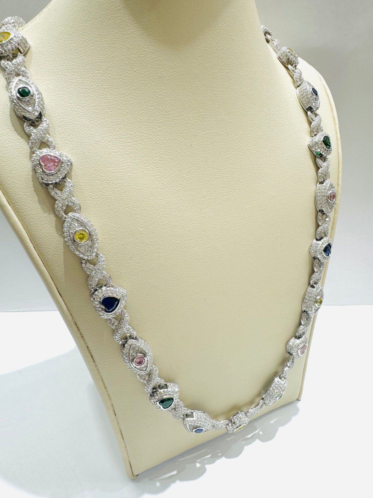 SILVER MOISSANITE HEART AND EVIL EYE NECKLACE 20”, VVS 15.34CTW