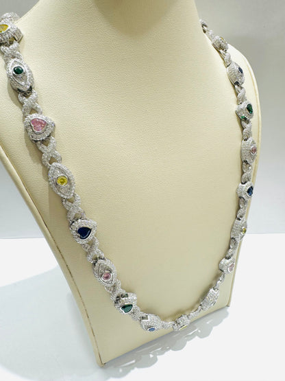 SILVER MOISSANITE HEART AND EVIL EYE NECKLACE 20”, VVS 15.34CTW