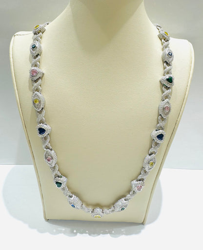 SILVER MOISSANITE HEART AND EVIL EYE NECKLACE 20”, VVS 15.34CTW