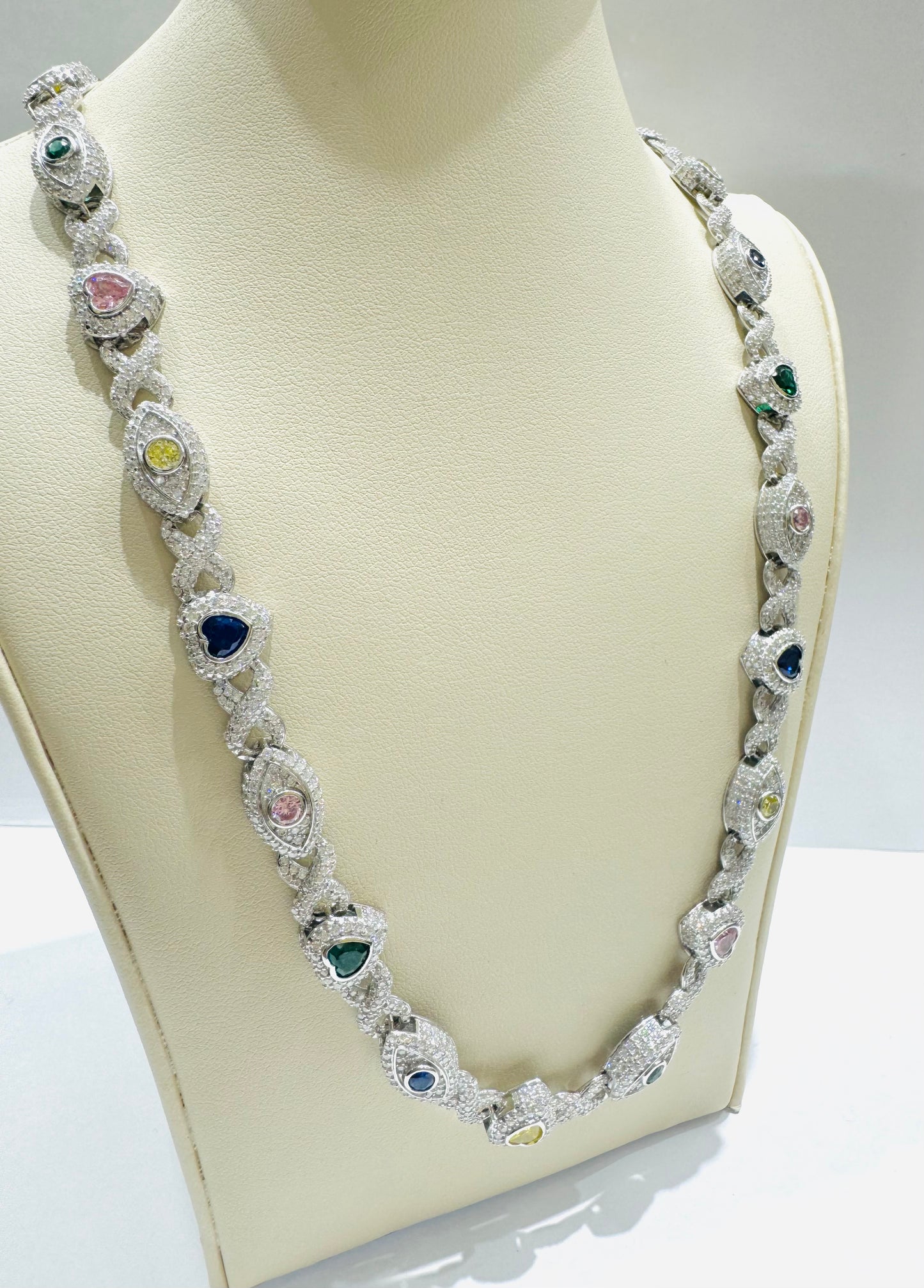 SILVER MOISSANITE HEART AND EVIL EYE NECKLACE 20”, VVS 15.34CTW