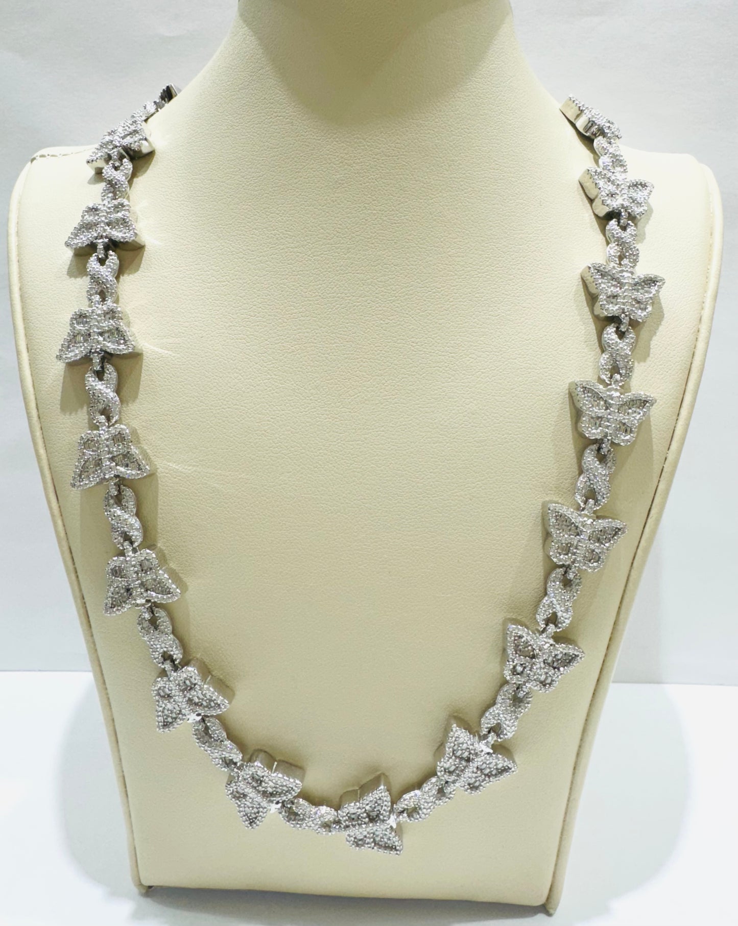 SILVER MOISSANITE BUTTERFLY NECKLACE 18”, VVS 12CTW, WIDTH: 10mm