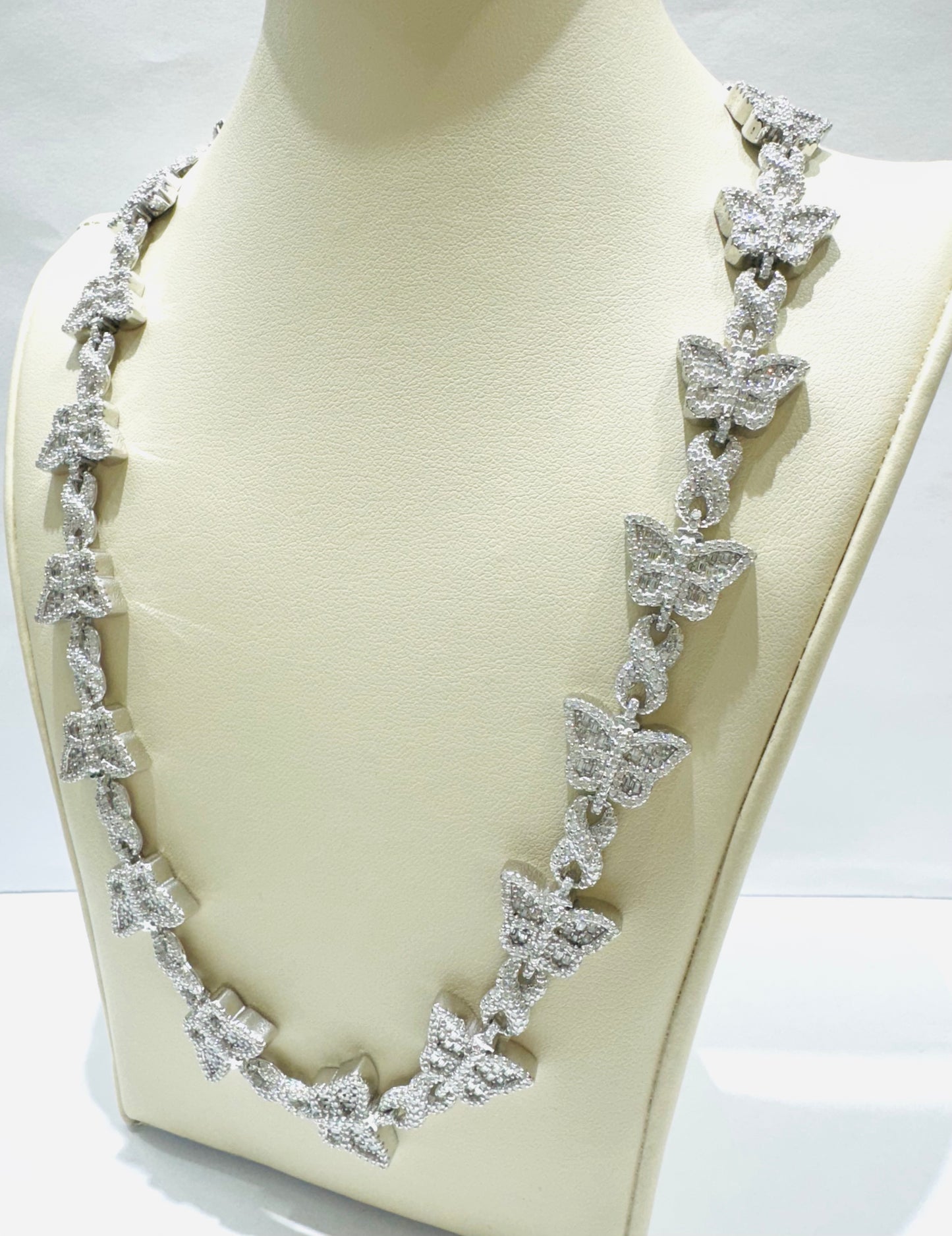 SILVER MOISSANITE BUTTERFLY NECKLACE 18”, VVS 12CTW, WIDTH: 10mm