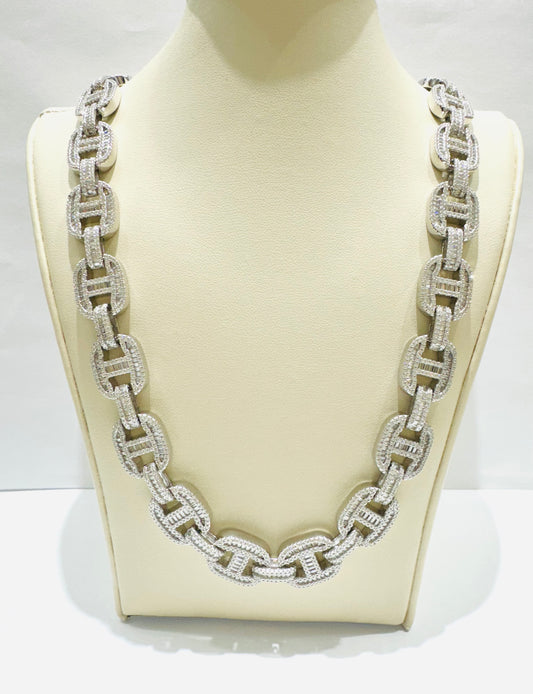SILVER MOISSANITE BAGUETTE MARINER LINK NECKLACE 22”, VVS 20.60CT