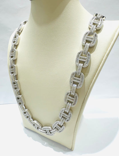 SILVER MOISSANITE BAGUETTE MARINER LINK NECKLACE 22”, VVS 20.60CT
