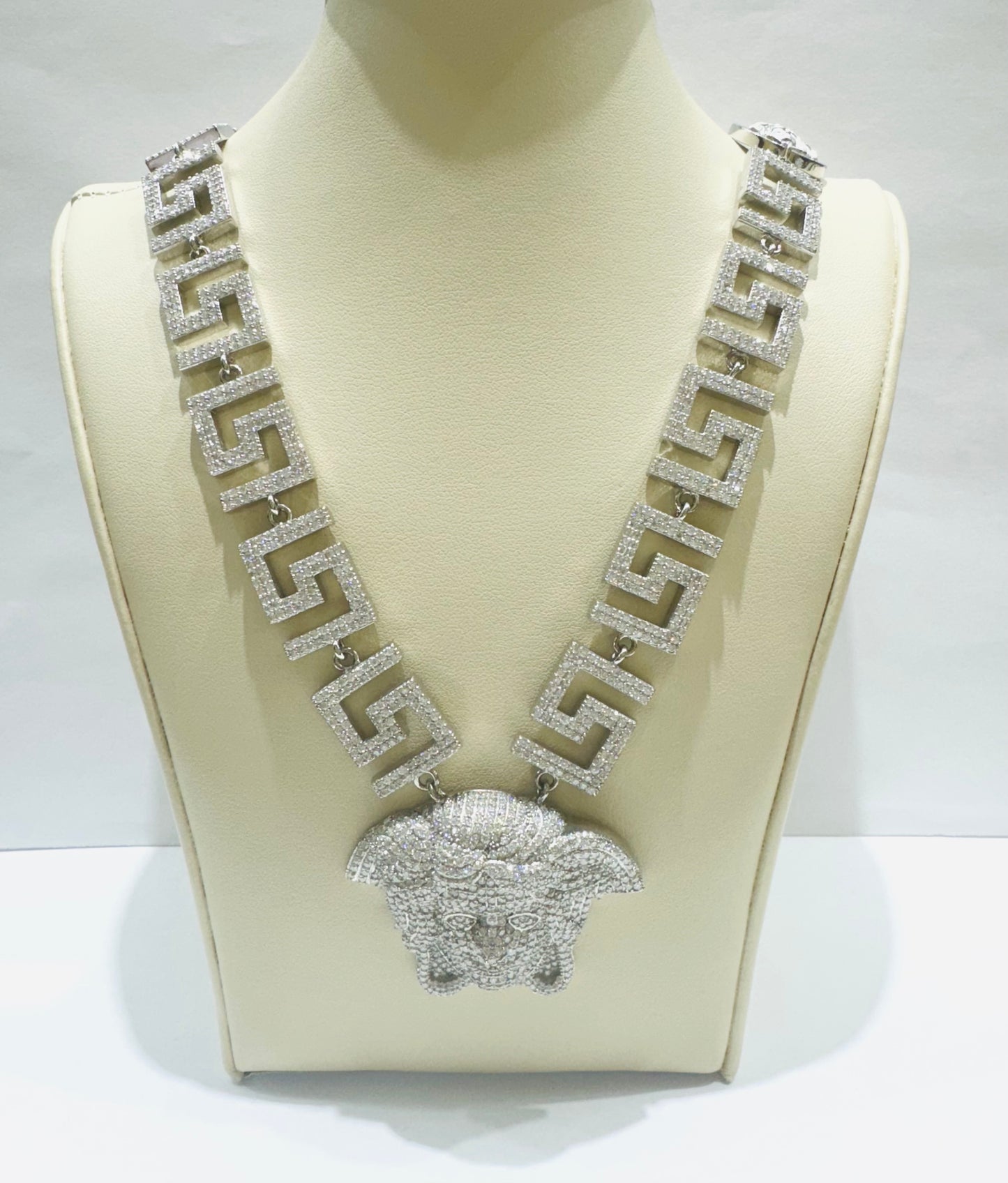 SILVER MOISSANITE VERSACE NECKLACE 22”, VVS 23.9CTW