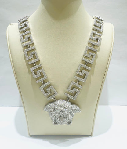 SILVER MOISSANITE VERSACE NECKLACE 22”, VVS 23.9CTW