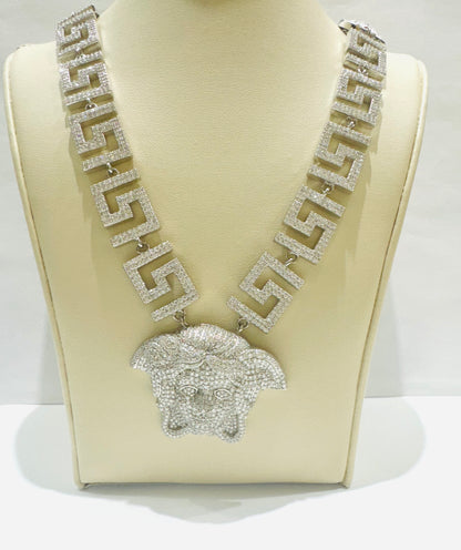 SILVER MOISSANITE VERSACE NECKLACE 22”, VVS 23.9CTW