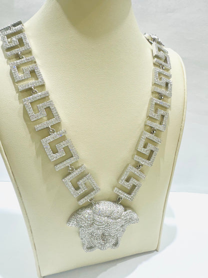 SILVER MOISSANITE VERSACE NECKLACE 22”, VVS 23.9CTW