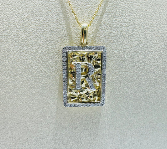10K GOLD INITIAL “R” LETTER NATURAL DIAMOND PENDANT WITH NECKLACE, 0.25CT
