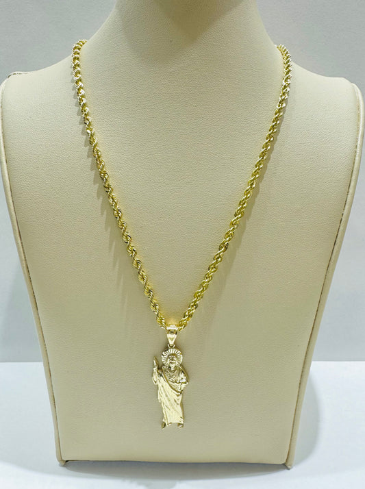 10K GOLD ROPE NECKLACE 22”, WEIGHT: 3gm, WITH SAIN JUDE PENDANT WEIGHT: 1.9gm