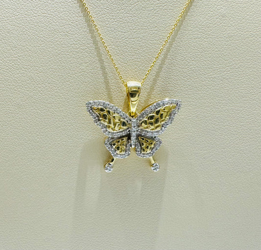 10K GOLD NATURAL DIAMOND NUGGET BUTTERFLY PENDANT WITH NECKLACE, 0.25CT