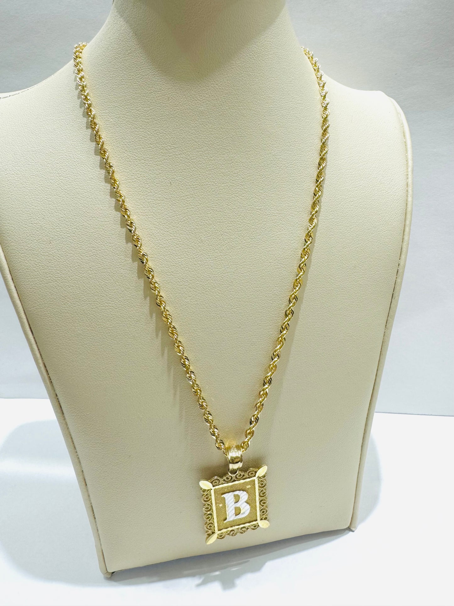 10K GOLD ROPE NECKLACE 24” WITH INITIAL “B” PENDANT